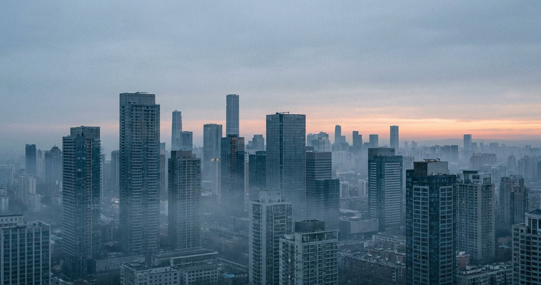 Skyline urbano con neblina atmosférica al amanecer — concepto editorial sobre los agresores oxidativos de la vida urbana (contaminación, luz azul, sueño, estrés)