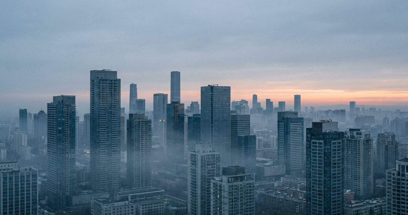 Skyline urbano con neblina atmosférica al amanecer — concepto editorial sobre los agresores oxidativos de la vida urbana (contaminación, luz azul, sueño, estrés)