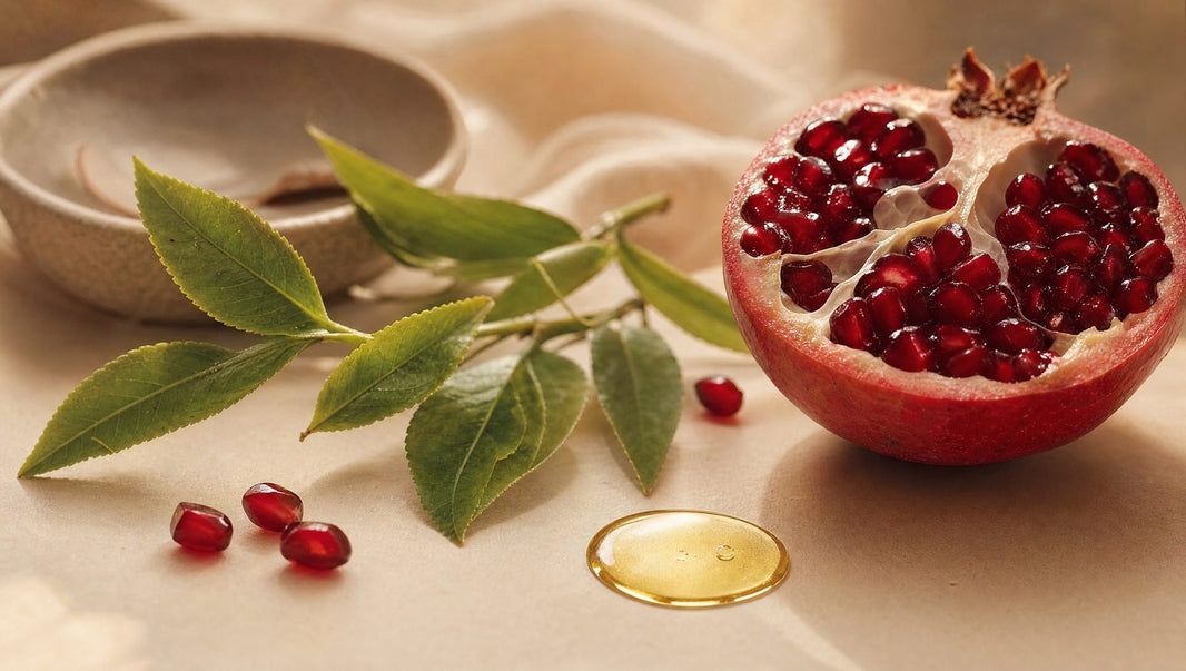 Granada y te verde junto a una gota de aceite: antioxidantes para la piel.