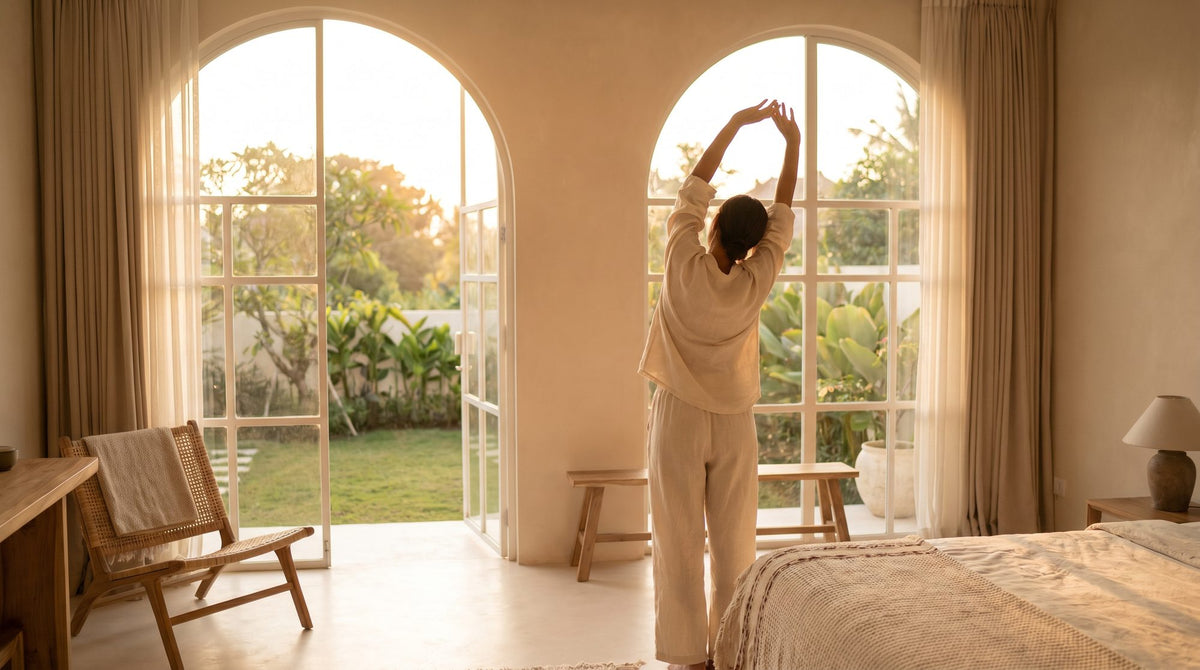 Mujer estirandose con energia al despertar junto a una ventana con luz matinal