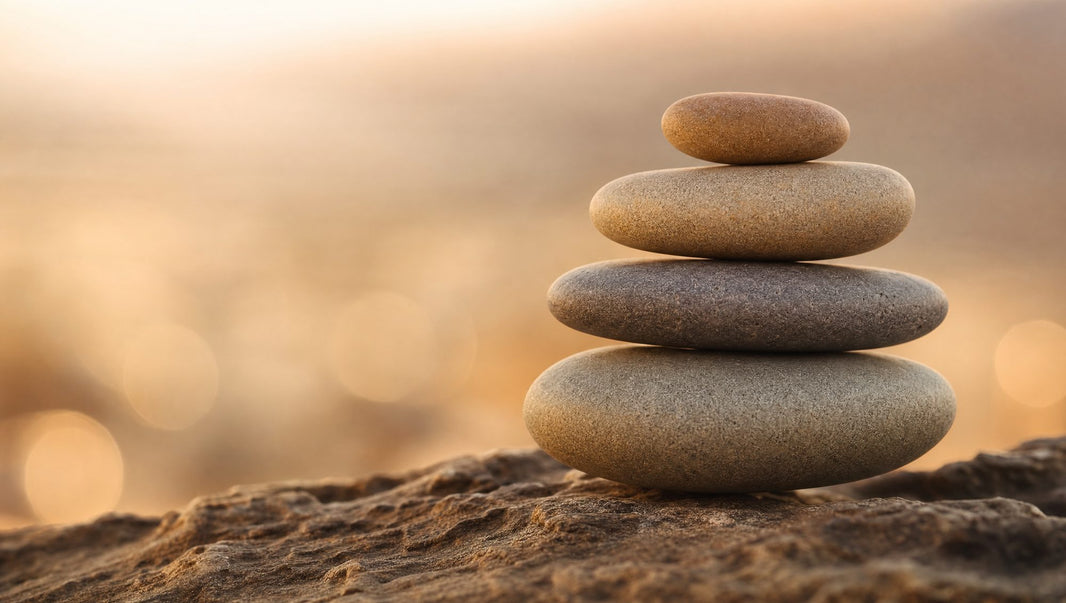 Piedras de rio equilibradas en foco nitido: calma y concentracion.