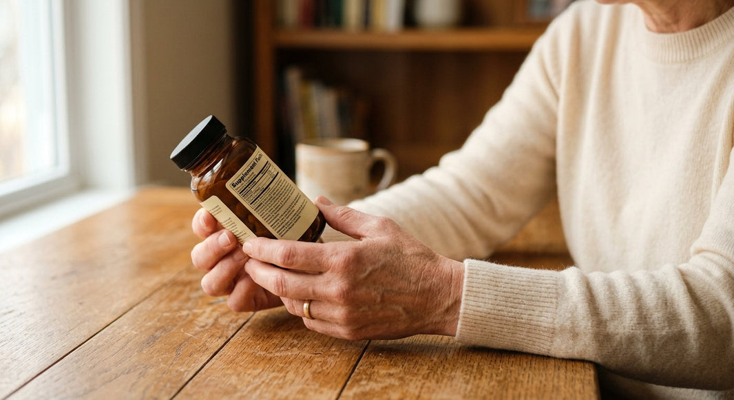 Manos sosteniendo un bote de suplemento y leyendo con atención la etiqueta para interpretar un complemento alimenticio