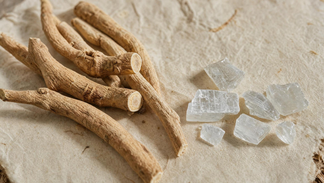 Raiz de ashwagandha junto a cristales de magnesio sobre fondo claro.