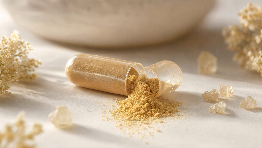 Capsula de suplemento abierta con polvo dorado, evocando NADH.