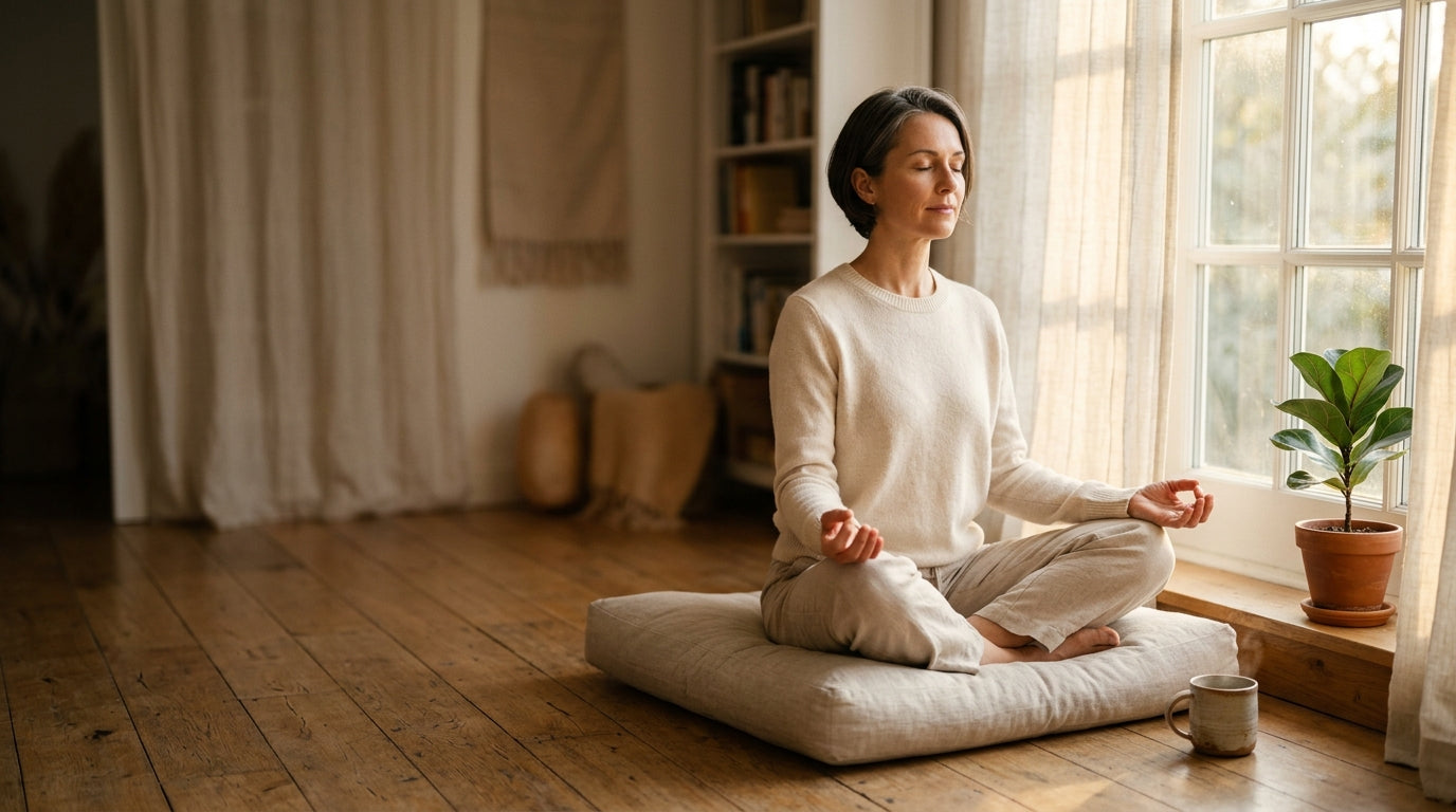 Persona practicando mindfulness sentada con los ojos cerrados para calmar la ansiedad y frenar la pérdida de peso por estrés