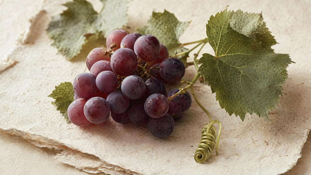Racimo de uva roja con hojas de vid, fuente natural de resveratrol.