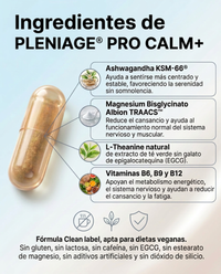 Infografía con una descripción de los ingredientes de PLENIAGE PRO CALM+, incluyendo ashwagandh KSM-66, Magnesio bisglicinato Albion TRAACS, L-teanina natural y Vitaminas B6, B9 y B12. Fórmula green label apta para dietas veganas. Sin gluten, sin lactosa, sin cafeína, sin EGCG, sin estearato de magnesio, sin dióxido de silicio y in aditivos artificiales.