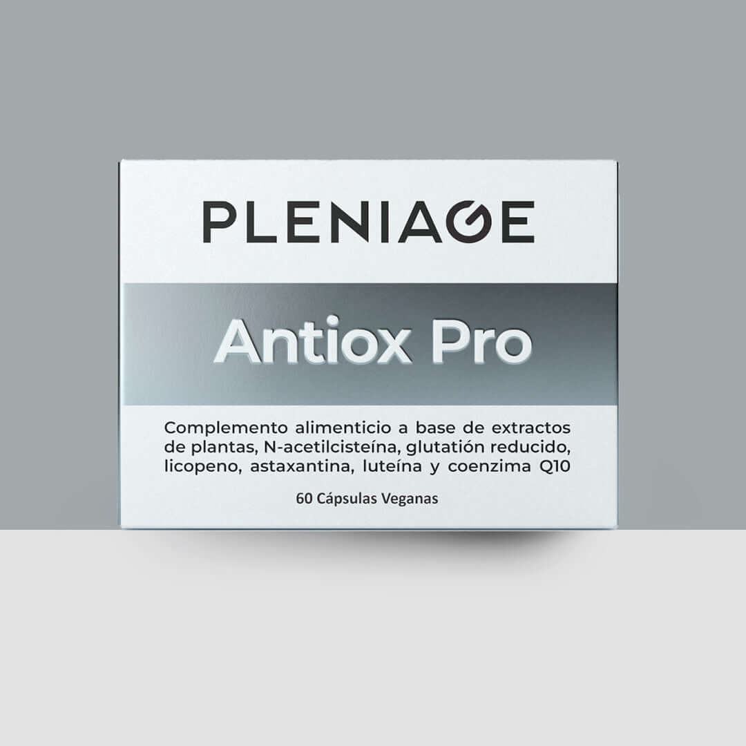 pleniage antiox pro complemento alimenticio suplemento extractos de plantas con NAC N-acetilcisteina, glutation, licopeno, astaxantina, luteina, coenzima Q10 - cQ10 - 60 capsulas - fondo plata