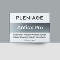 pleniage antiox pro complemento alimenticio suplemento extractos de plantas con NAC N-acetilcisteina, glutation, licopeno, astaxantina, luteina, coenzima Q10 - cQ10 - 60 capsulas - fondo plata