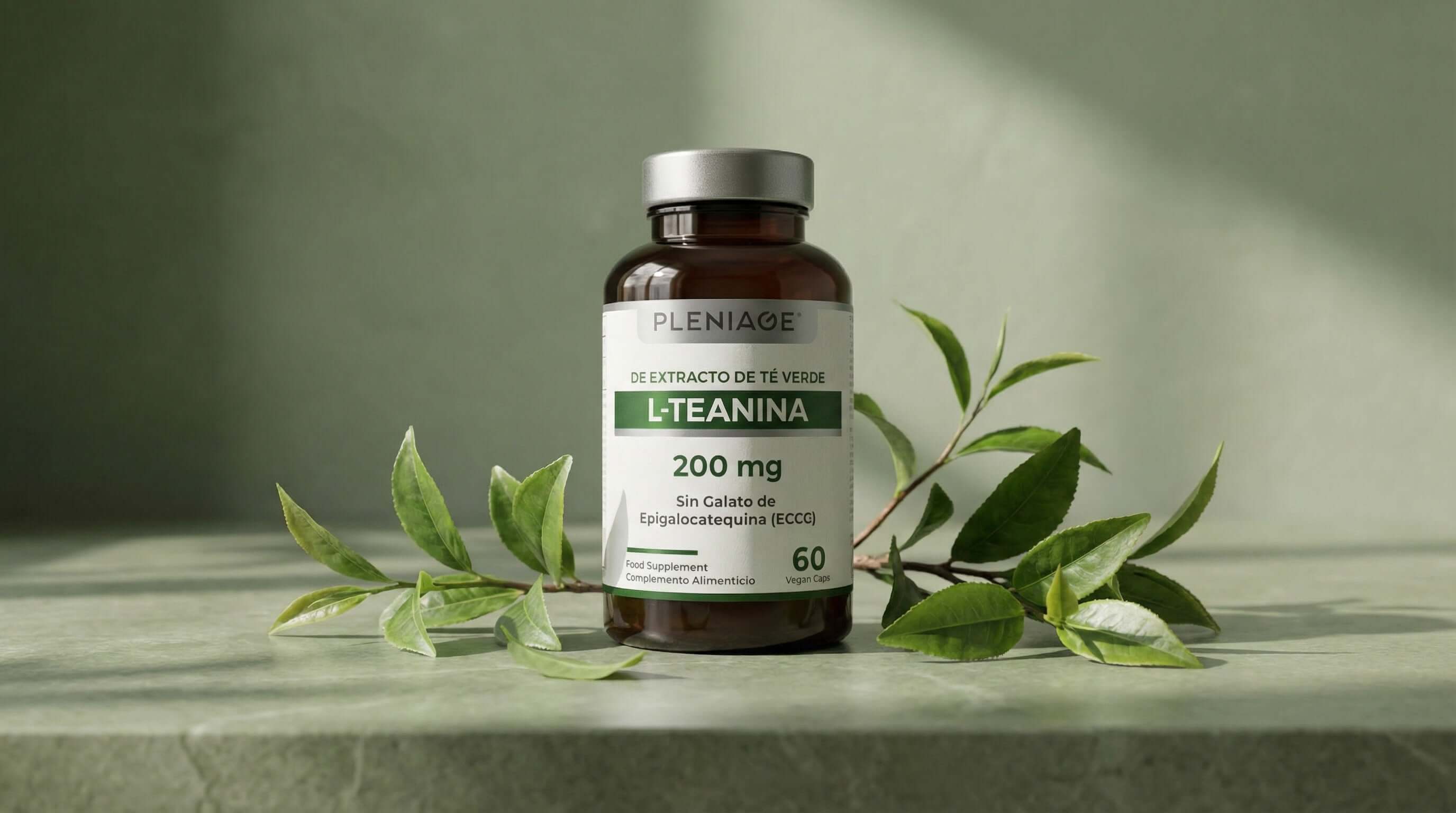 pleniage l-teanina de extracto de te verde sin EGCG sin galato de epilogatequina sin cafeina 200 mg 60 caps hojas frescas de te