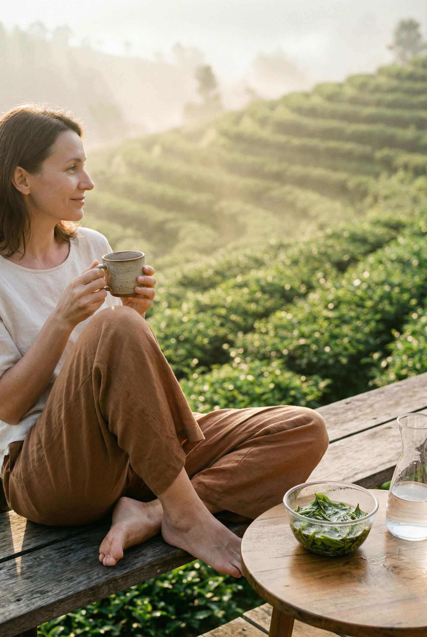 pleniage l-teanina de extracto de te verde sin EGCG sin galato de epilogatequina sin cafeina 200 mg 60 caps - escena mujer tomando te en una plantacion