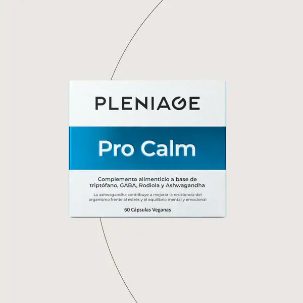 PLENIAGE PRO CALM con GABA Rhodiola y Ashwagandha. Contribuye a mejorar la resistencia al estrés y el equilibrio mental y emocional.