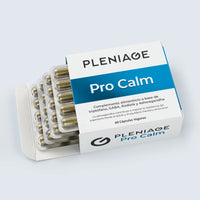 PLENIAGE PRO CALM con GABA Rhodiola y Ashwagandha. Contribuye a mejorar la resistencia al estrés y el equilibrio mental y emocional - Estuche abierto - cuatro blisters