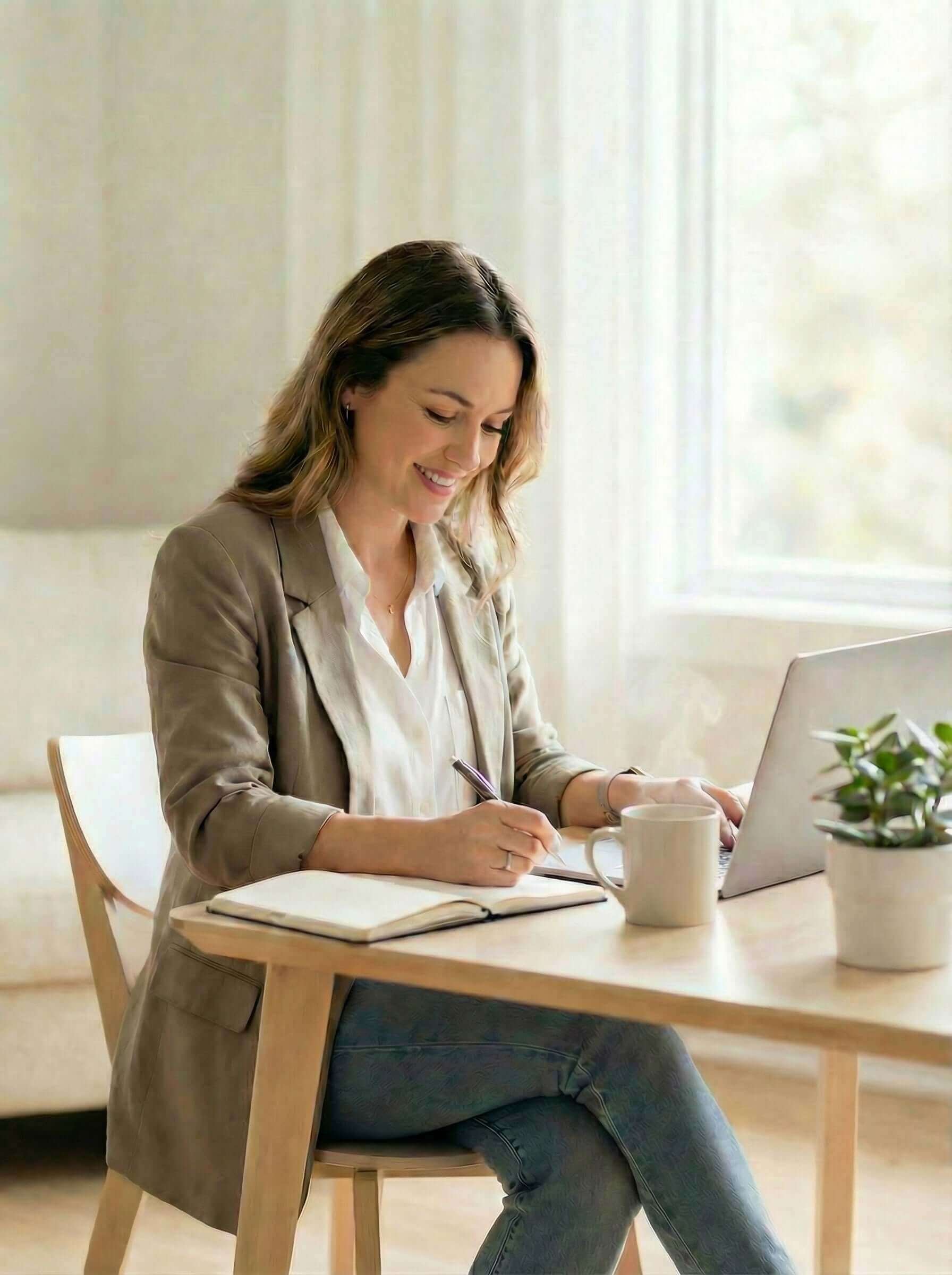 Pleniage pro calm plus con teanina pura y rodiola promueve la serenidad y el foco mental sin causar sueño ni pesadez. Escena con mujer tomando un te mientras trabaja