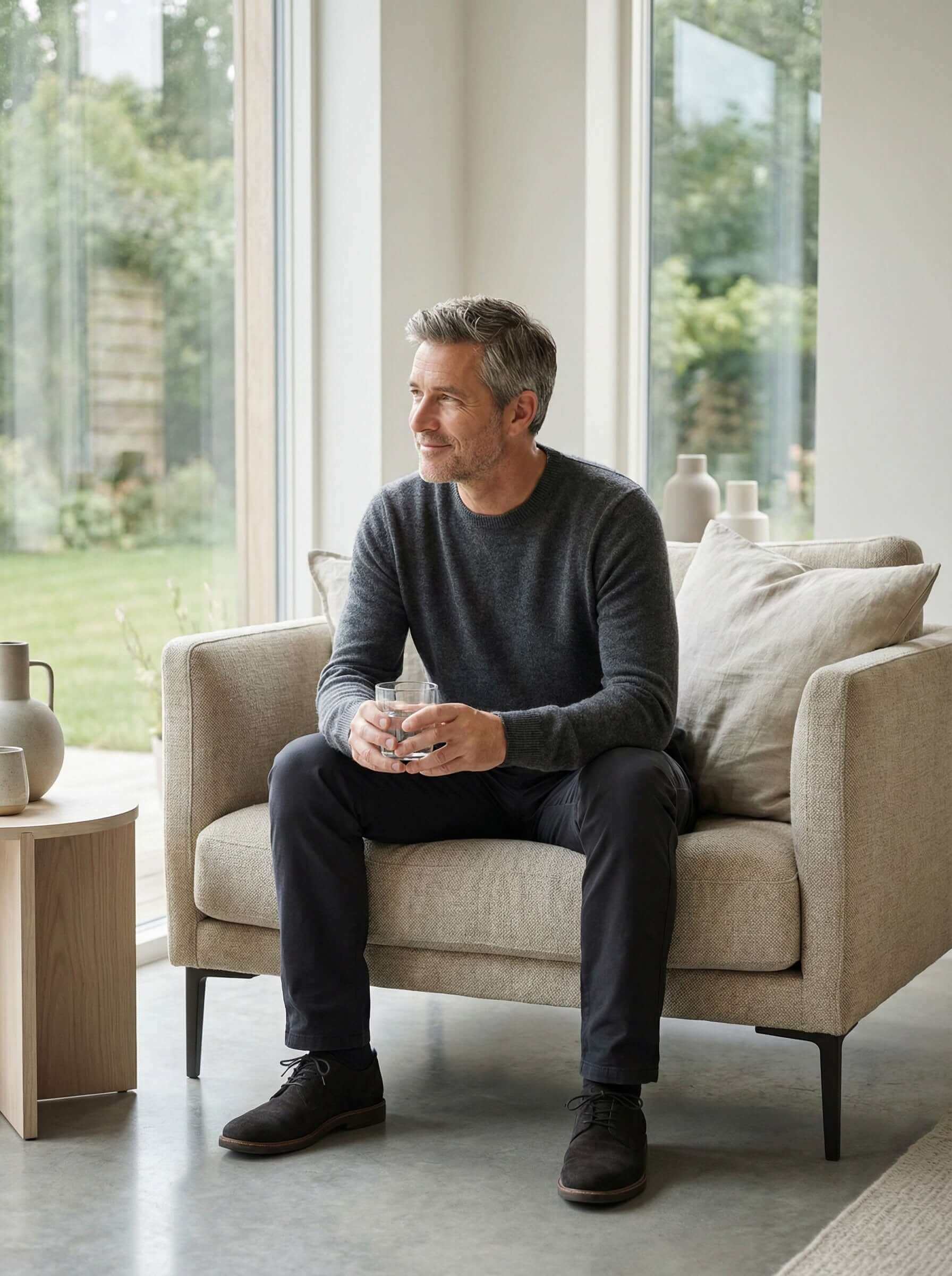 Pleniage Pro Calm con Bisglicinato de Magnesio Albion® reforzado con Vitaminas B6 y B12. Contribuye al funcionamiento normal del sistema nervioso, protegiéndote del agotamiento mental. Escena hombre sentado bebiendo agua.