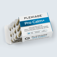 Pleniage Pro Calm Plus Ashwagandha KSM-66 Albion magnesium blisglicinate quelado teanina rodiola vitaminas B6, B9, B12 abierto con 4 blisters de capuslas veganas