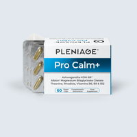 Pleniage Pro Calm Plus Ashwagandha KSM-66 Albion Magnesium Blisglycinate Chelate Theanine Rhodiola Vitamins B6 B9 B12 - Abierto con 4 blisters de cápsulas veganas
