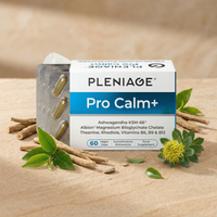 Pleniage Pro Calm Plus Ashwagandha KSM-66 Albion Magnesium Blisglycinate Chelate Theanine Rhodiola Vitamins B6 B9 B12 - Abierto con 4 blisters de cápsulas veganas con ingredientes