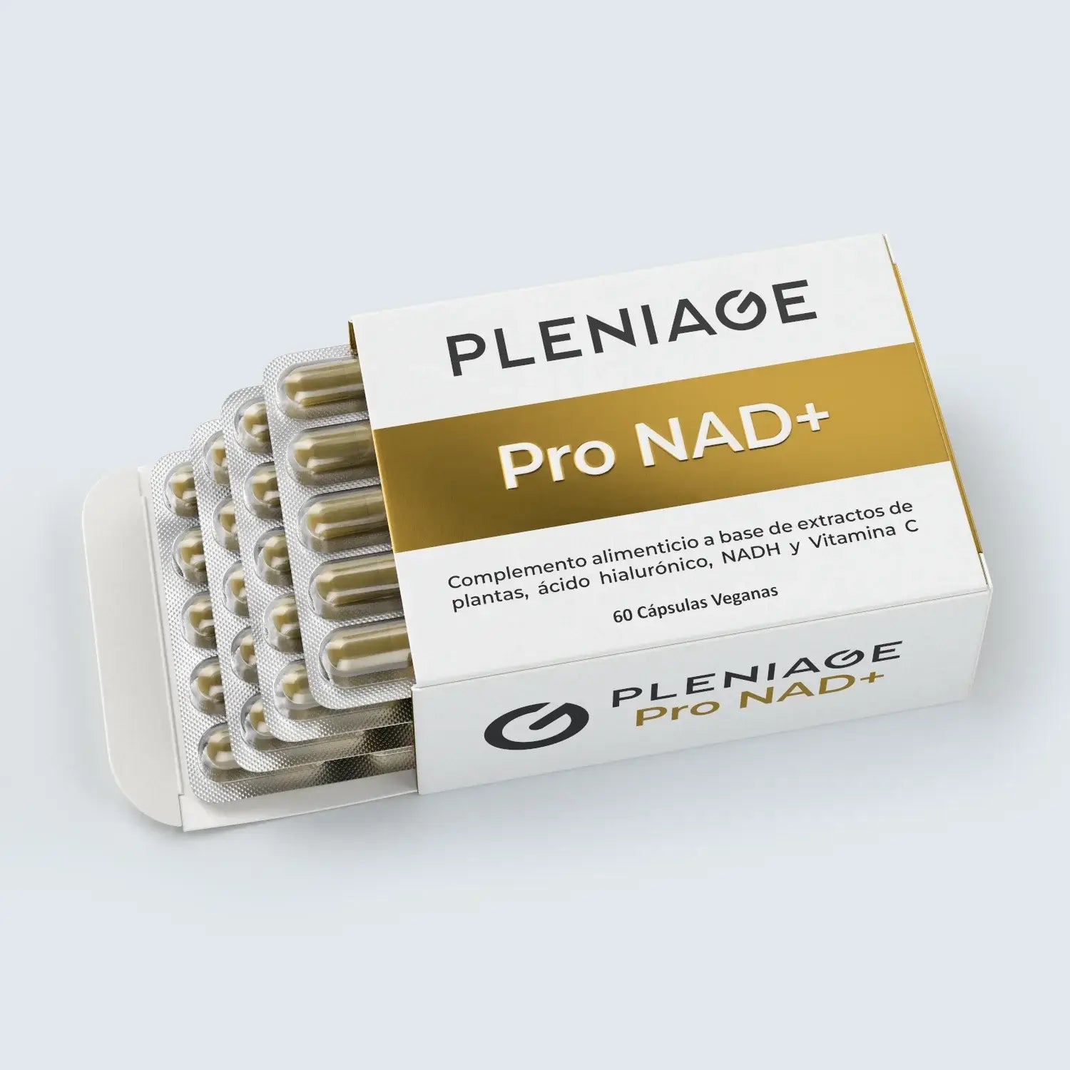 pleniage pro NAD plus suplemento antiedad con resveratrol, NADH, berberina, vitamina C y acido hialuronico - 60 capsulas veganas - estuche abierto con 4 blisters