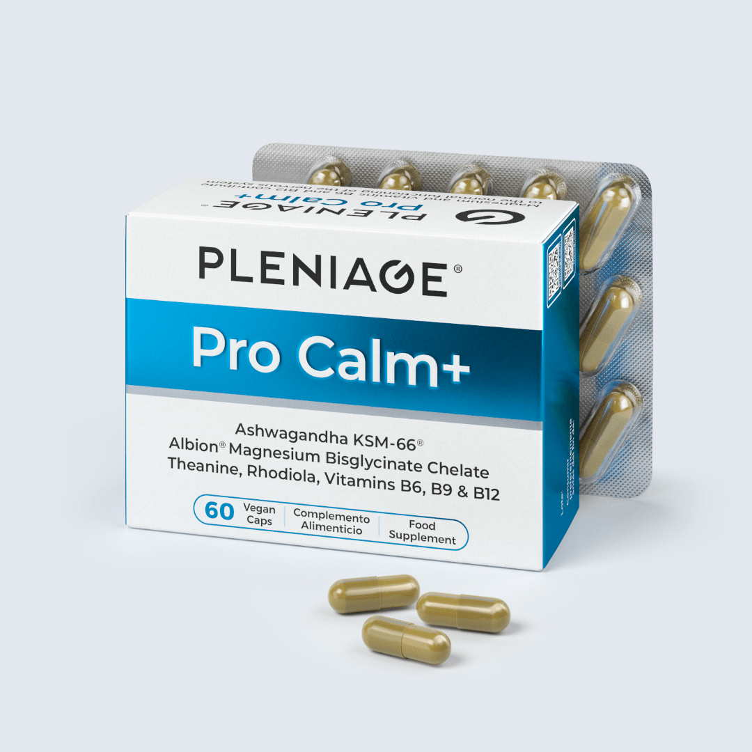 Pleniage Pro Calm Plus Ashwagandha KSM-66 Albion magnesium blisglicinate quelado teanina rodiola vitaminas B6, B9, B12 cerrado con ub blister detras