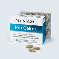 Pleniage Pro Calm Plus Ashwagandha KSM-66 Albion magnesium blisglicinate quelado teanina rodiola vitaminas B6, B9, B12 cerrado con ub blister detras