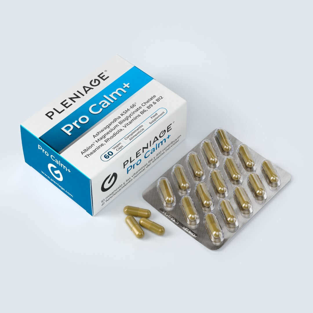 Pleniage Pro Calm Plus Ashwagandha KSM-66 Albion magnesium blisglicinate quelado teanina rodiola vitaminas B6, B9, B12 abierto
