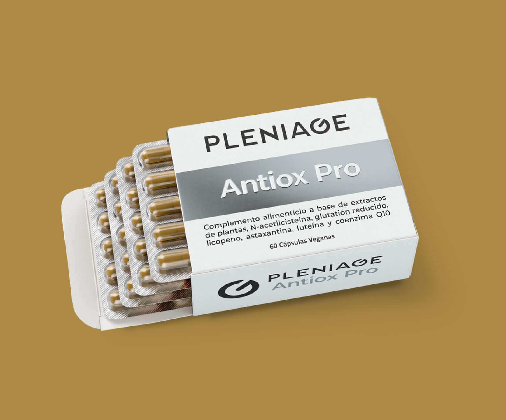 pleniage antiox pro con NAC, glutation, licopeno, astaxantina, luteina y coenzima Q10 - blisters - estuche - 60 capsulas fondo oro
