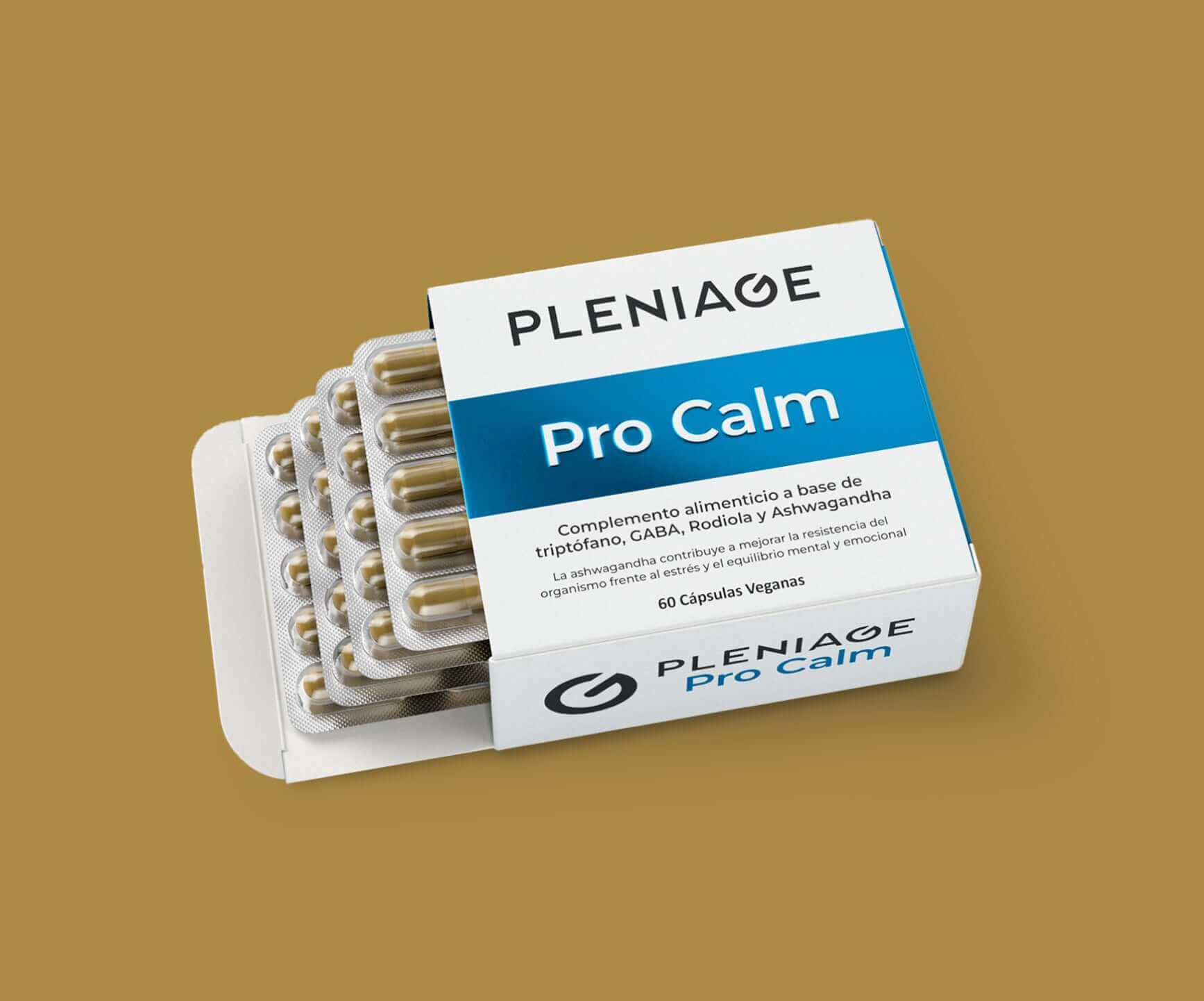 Pleniage Pro Calm con triptofano, GABA, rodiola, ashwagandha combate el estres y favorece el equilibrio mental y emocional - estuche con cuatro blisters - fondo dorado