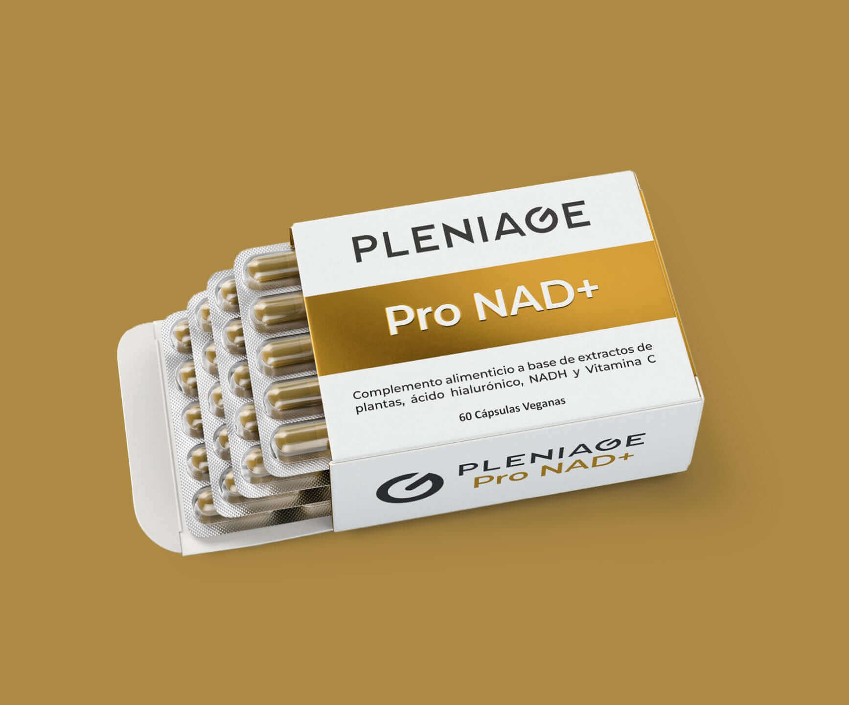 pleniage pro NAD plus suplemento antiedad con resveratrol, NADH, berberina, vitamina C y acido hialuronico - 60 capsulas veganas - estuche abierto con cuatro blisters y fondo dorado