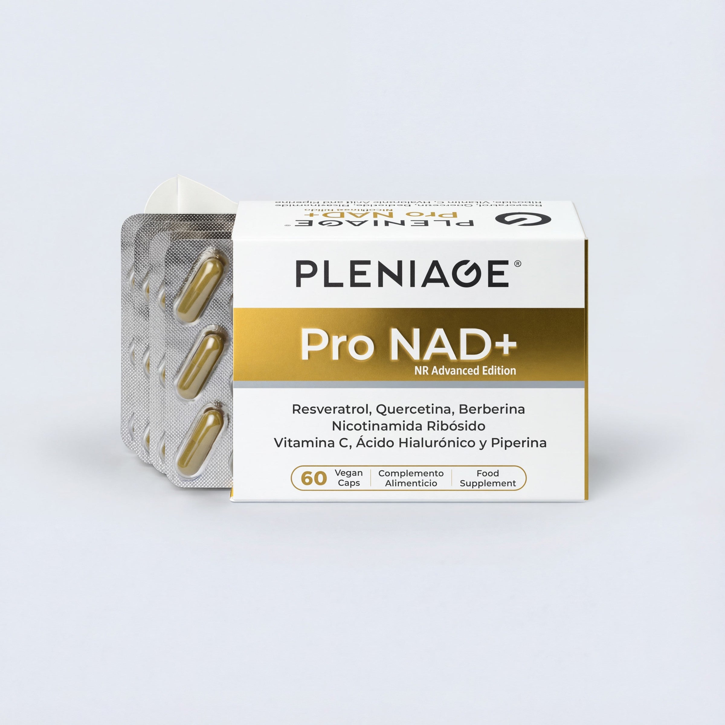 Blíster y cápsulas veganas de PLENIAGE PRO NAD+ NR Advanced Edition, dos cápsulas al día