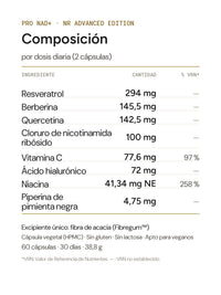 Composición por dosis diaria de PRO NAD+ NR Advanced Edition: resveratrol, berberina, quercetina, NR y vitamina C