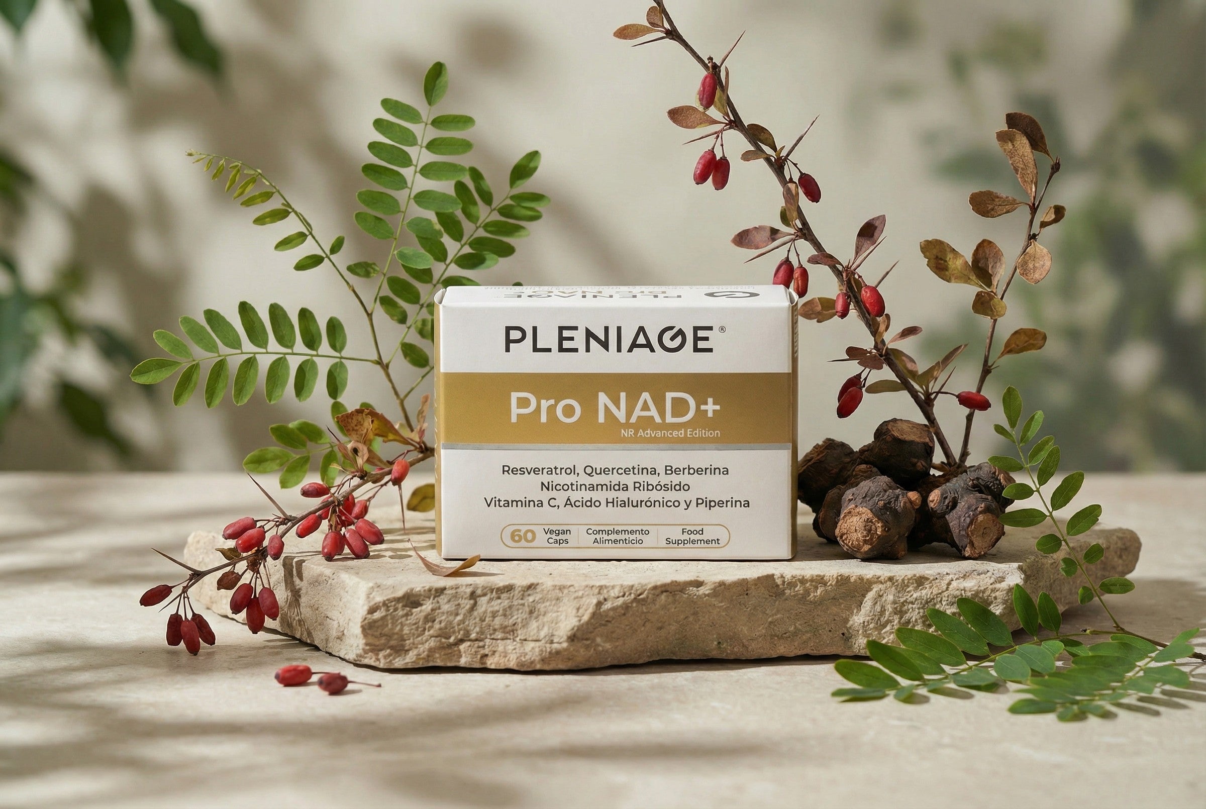 PLENIAGE PRO NAD+ NR Advanced Edition rodeado de sus botánicos: agracejo, acacia y raíz de hierba nudosa japonesa