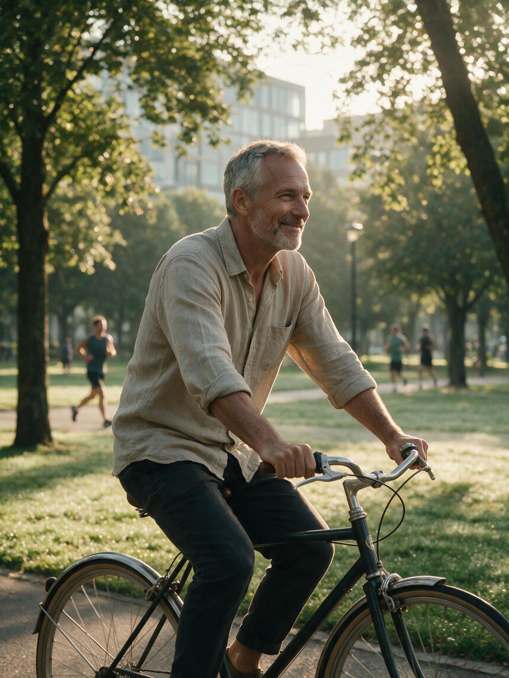 Hombre de cincuenta años en bicicleta por un parque al amanecer: menos cansancio y fatiga con PRO NAD+ NR Advanced Edition