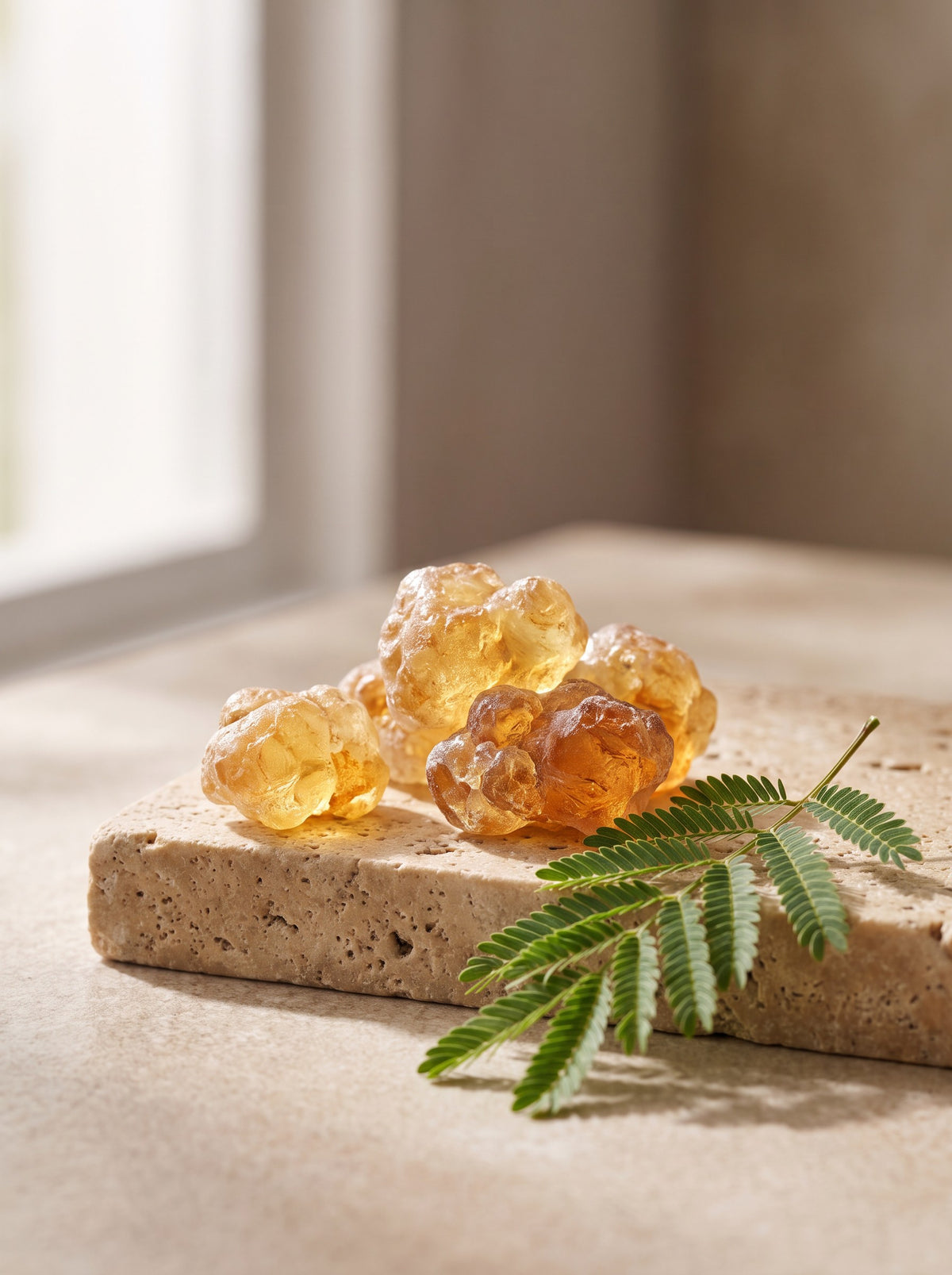 Goma de acacia natural sobre piedra junto a un brote de acacia: Fibregum, el único excipiente de PRO NAD+ NR Advanced Edition